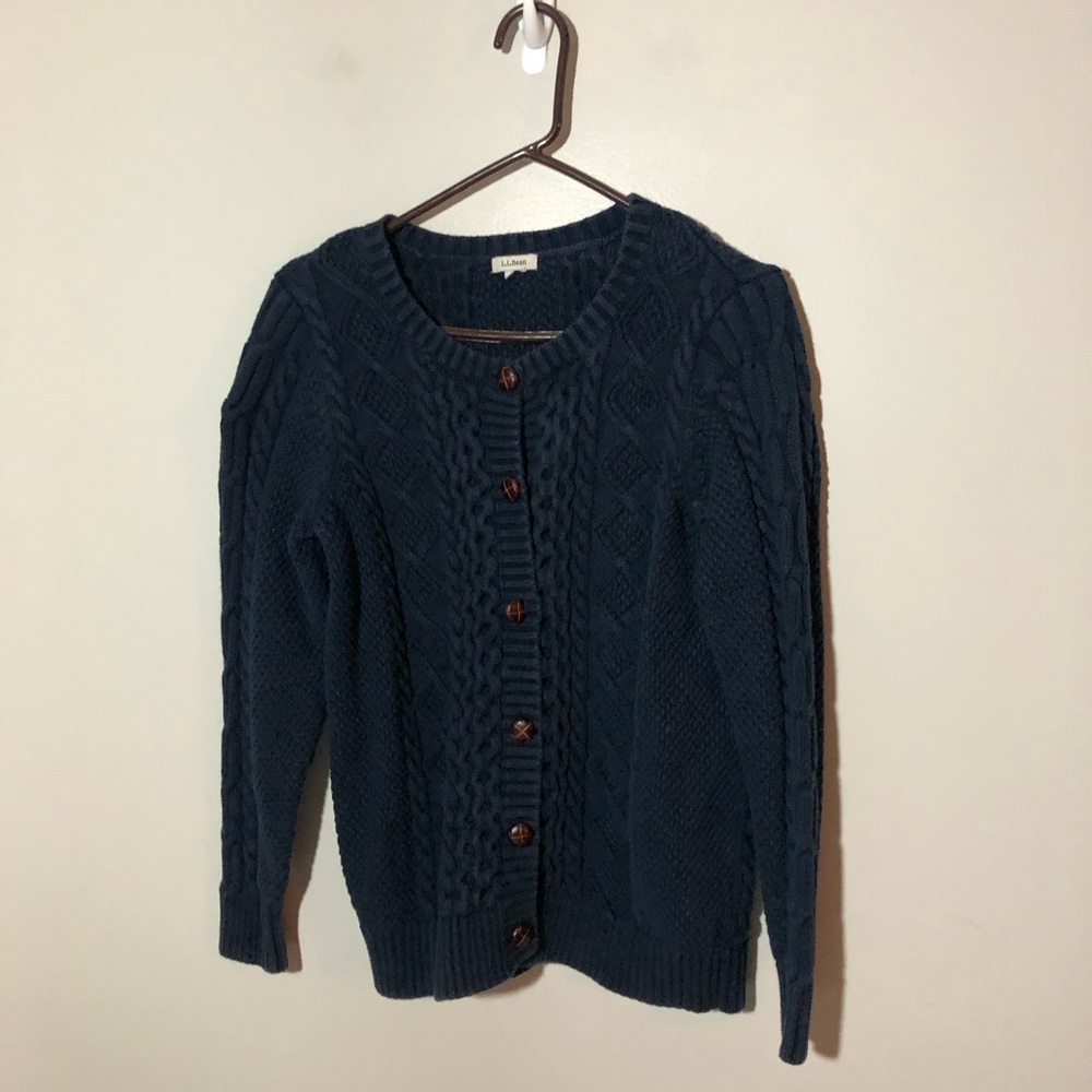 LL bean womens navy cable knit fisherman cotton cardigan woven buttons M preppy - Picture 2 of 10